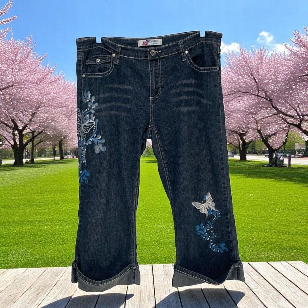 Piper And Blue Capri‎ Jeans Size 17 Butterfly Floral Embroidered Boho Y2K